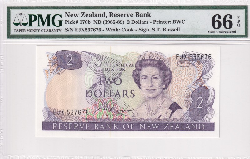 New Zealand, 2 Dollars, 1985-1989, UNC, p170b
PMG 66 EPQ
Queen Elizabeth II. P...