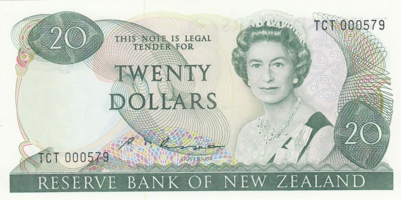 New Zealand, 20 Dollars, 1985, UNC, p173b, "TCT" first prefix and Low serial num...