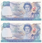 New Zealand, 10 Dollars, 1990, UNC, p176, (Total 2 banknotes)
Commemorative banknote
In 2 blocks. Uncut.
Serial Number: AAA008158, AAA011158
Estim...