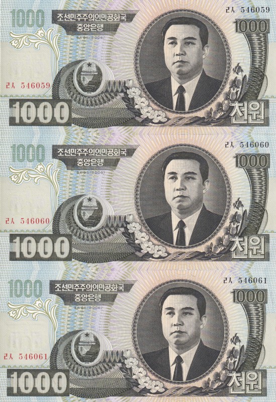 North Korea, 1.000 Won, 2006, UNC, (Total 3 consecutive banknotes)
Serial Numbe...