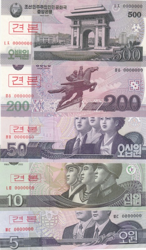 North Korea, 5-10-50-200-500 Won, 2002/2008, UNC, SPECIMEN (Total 5 banknotes)
...