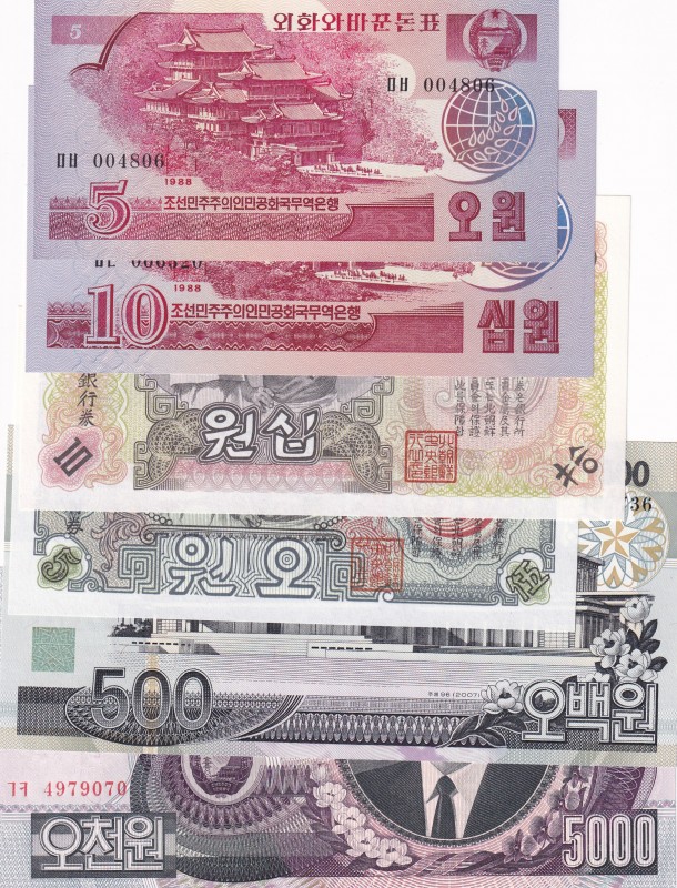 North Korea, 5-5-10-10-500-5.000 Won, UNC, (Total 6 banknotes)
5 Won, 1988; 10 ...