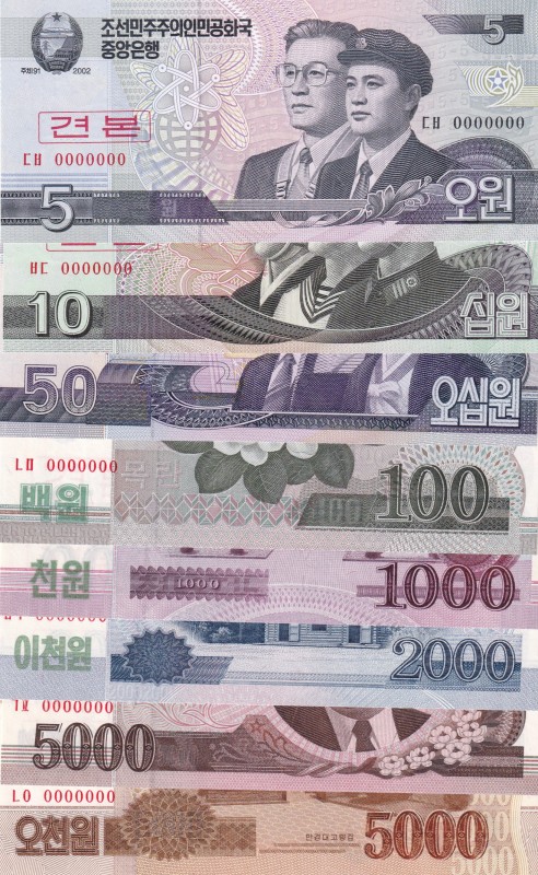 North Korea, 5-10-50-100-1.000-2.000-5.000-5.000 Won, 2002/2013, SPECIMEN
(Tota...