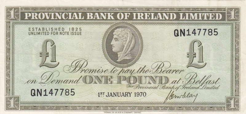 Northern Ireland, 1 Pound, 1970, XF(+), p245
Serial Number: QN147785
Estimate:...