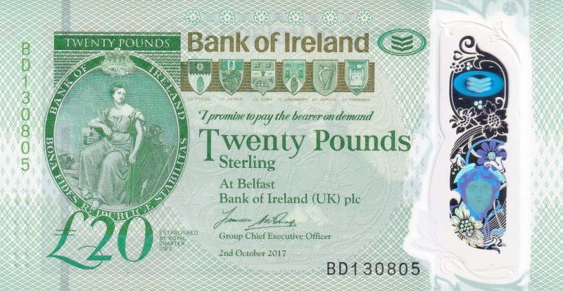 Northern Ireland, 20 Pounds, 2017 (2020), UNC, pNew
Polymer plastics banknote
...