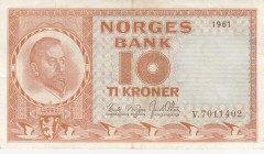 Norway, 10 Kroner, 1961, XF(-), p31c
Serial Number: V7011402
Estimate: 10-20