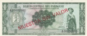 Paraguay, 1 Guarani, 1952, UNC, p193s, SPECIMEN
Serial Number: A000000
Estimate: 75-150