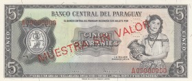 Paraguay, 5 Guaraníes, 1952, UNC, p195s, SPECIMEN
Serial Number: A000000
Estimate: 100-200