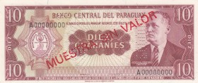 Paraguay, 10 Guaranies, 1952, UNC, p196s, SPECIMEN
Serial Number: A000000
Estimate: 125-250