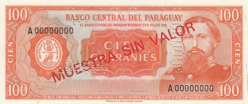 Paraguay, 100 Guaranies, 1952, UNC, p198s, SPECIMEN
Serial Number: A000000
Est...