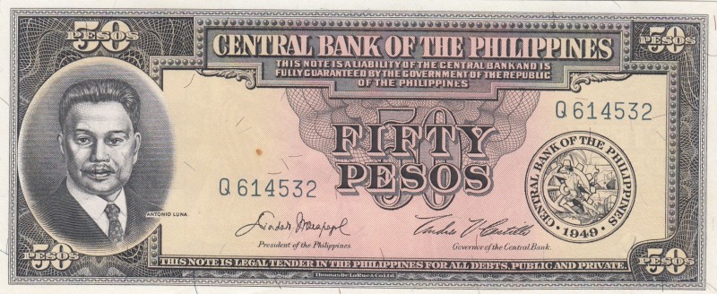 Philippines, 50 Pesos, 1949, UNC, p138
Serial Number: Q 614532
Estimate: 50-10...