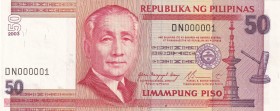 Philippines, 50 Piso, 2003, UNC, p193a, FIRST 100 Serial Numbered
1 Seri nolu Banknot
Serial Number: DN 000001
Estimate: 1000-2000