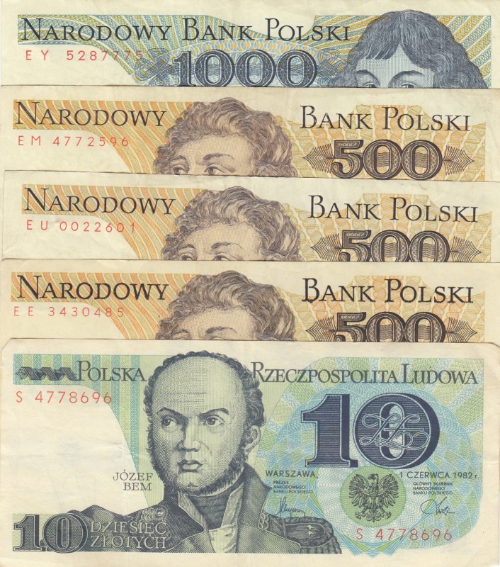 Poland, 10-500-500-500-1.000 Zlotych, 1982, VF, (Total 5 banknotes)
Estimate: 1...