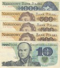 Poland, 10-500-500-500-1.000 Zlotych, 1982, VF, (Total 5 banknotes)
Estimate: 10-20