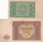 Poland, 2-10 Zlotych, 1946, p124; p126, (Total 2 banknotes)
2 Zlote, XF; 10 Zlotych, AUNC, Has a ballpoint pen stain
Estimate: 15-30