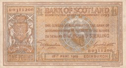 Scotland, 1 Pound, 1929, AUNC(-), P86
Serial Number: B0311200
Estimate: 70-140