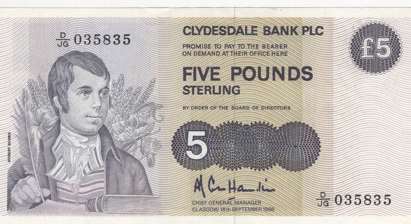 Scotland, 5 Pounds, 1986, AUNC(-), p212c
Serial Number: DJ/G 035835
Estimate: ...