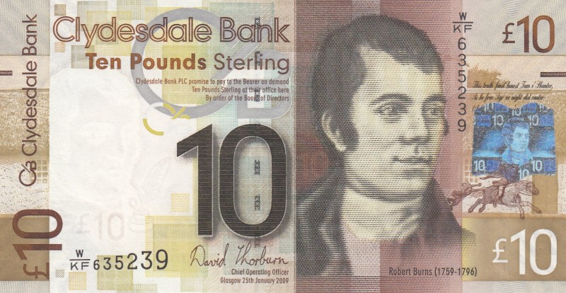 Scotland, 10 Pounds, 2009, UNC, p229J
Clydesdale Bank
Serial Number: W/KF 6352...