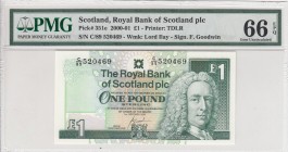 Scotland, 1 Pound, 2001, UNC, p351e
PMG 66 EPQ
Serial Number: C/89 520469
Estimate: 25-50