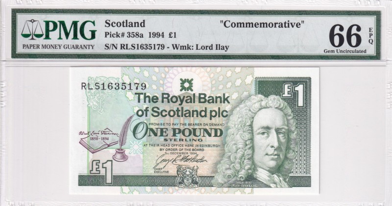 Scotland, 1 Pound, 1994, UNC, p358a
PMG 66 EPQ, Commemorative banknot
Serial N...