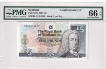 Scotland, 5 Pounds, 2004, UNC, p363
PMG 66 EPQ, Commemorative banknot
Serial Number: R&A1614233
Estimate: 35-70