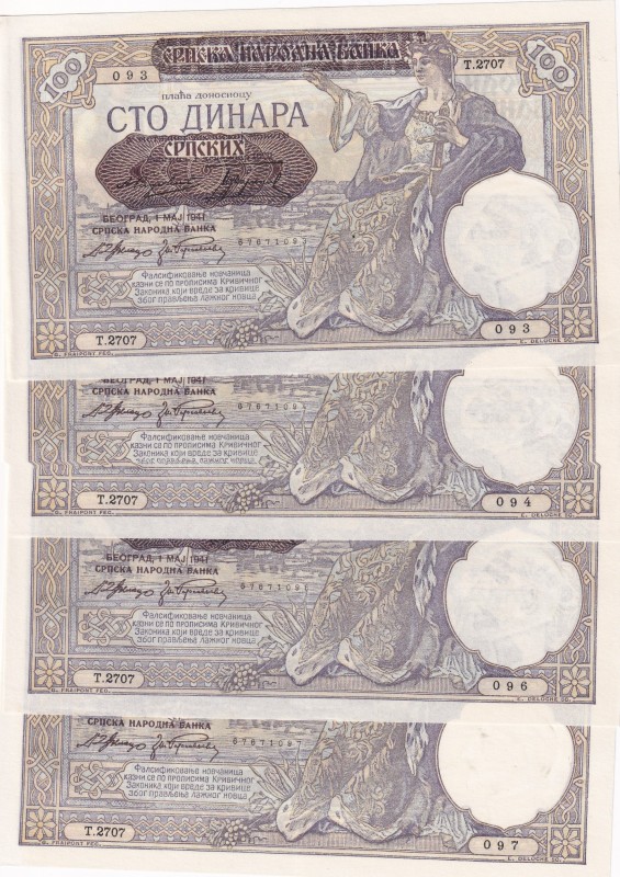 Serbia, 100 Dinara, 1941, AUNC, p23, (Total 4 banknotes)
Overprint: On Yugoslav...