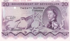 Seychelles, 20 Rupees, 1971, UNC, p16bs, SPECIMEN
Queen Elizabeth II. Potrait
Serial Number: 000000
Estimate: 1000-2000