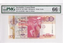 Seychelles, 100 Rupees, 1998, UNC, p39
PMG 66 EPQ
Serial Number: AA134485
Estimate: 50-100