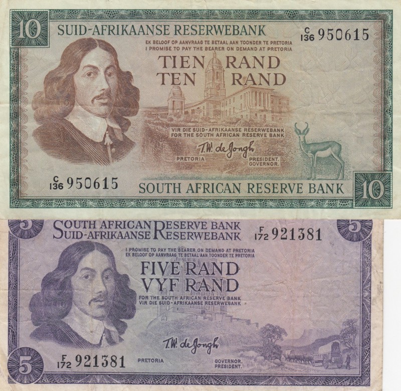 South Africa, 5-10 Rand, 1967/1974, p112b; p113b, (Total 2 banknotes)
5 Rand, 1...