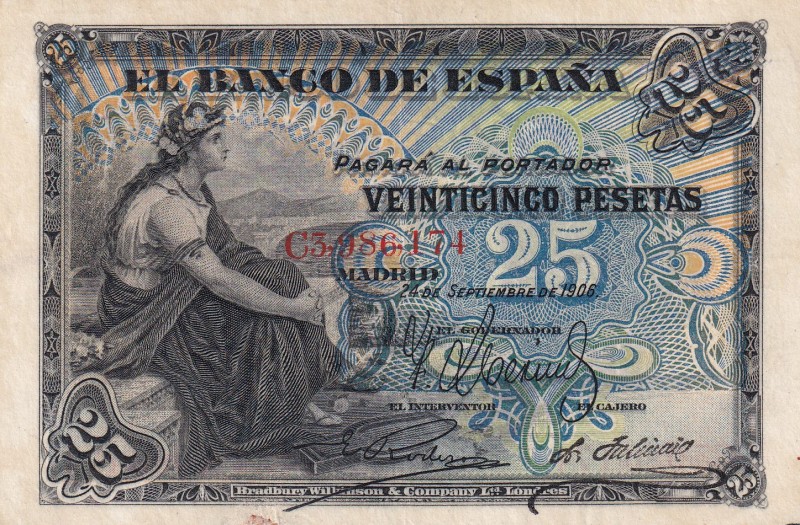 Spain, 25 Pesetas, 1906, XF, p57
Serial Number: C3,986,174
Estimate: 100-200