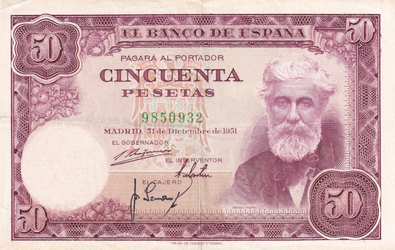 Spain, 50 Pesetas, 1951, XF(+), p141
Serial Number: 9850932
Estimate: 50-100