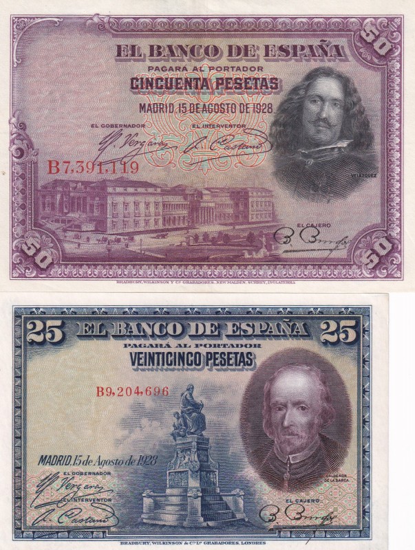 Spain, 25-50 Pesetas, 1928, p74; p75, (Total 2 banknotes)
25 Pesetas, UNC; 50 P...