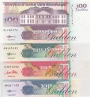 Suriname, 5-10-25-100 Gulden, 1996/1998, UNC, p136; p137; p138; p139, (Total 4 banknotes)
Serial Number: AH381743, AJ034345, AM405142, AL456174
Esti...
