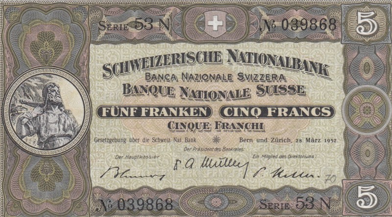 Switzerland, 5 Franken, 1952, UNC, p11p
Serial Number: 53N 039868
Estimate: 50...