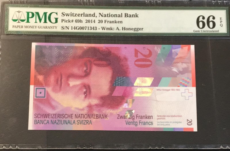 Switzerland, 20 Franken, 2014, UNC, p69h
PMG 66 EPQ
Serial Number: 14G0071343...