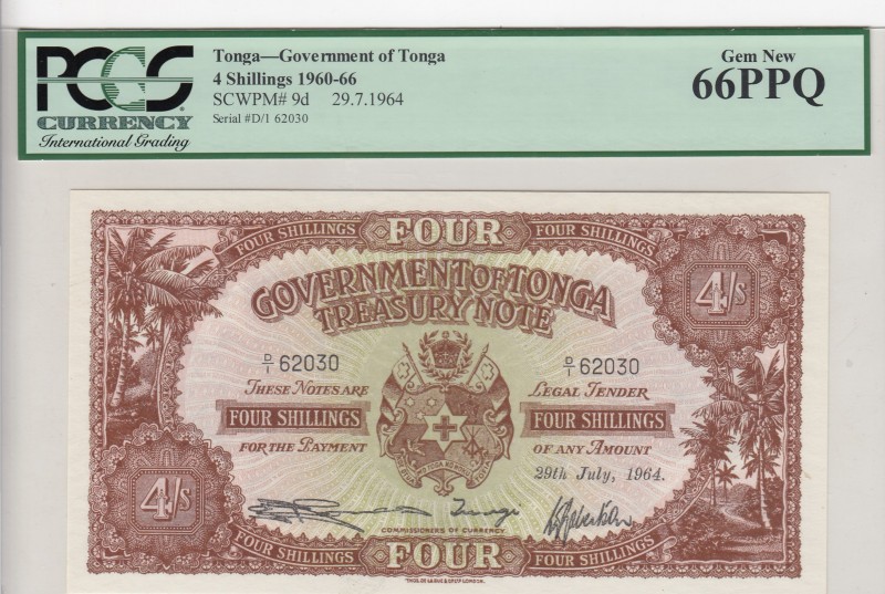 Tonga, 4 Shillings, 1964, UNC, p9d
PCGS 66 PPQ
Serial Number: D/1 62030
Estim...