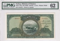 Turkey, 1 Livre, 1926, UNC, p119a
PMG 62
Serial Number: 5 844371
Estimate: 2000-4000