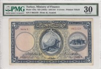 Turkey, 5 Livres, 1927, VF, p120, 1. Emission
PMG 30
Wormy five lira
Serial Number: 5 065259
Estimate: 400-800