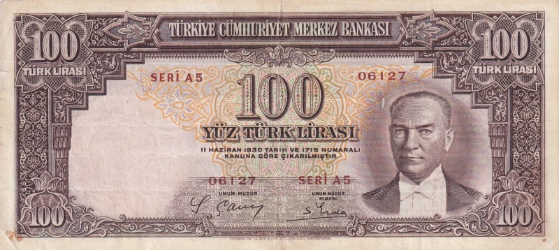 Turkey, 100 Lira, 1938, VF, p130, 2. Emission
Serial Number: A5 06127
Estimate...