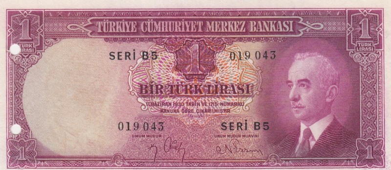 Turkey, 1 Lira, 1942, UNC(-), p135, 2. Emission
Drilled with a punch.
İsmet İn...