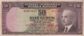 Turkey, 50 Kurush, VF(+), p133, 2. Emission
Pressed
İsmet İnönü portrait
Serial Number: B21 083017
Estimate: 20-40
