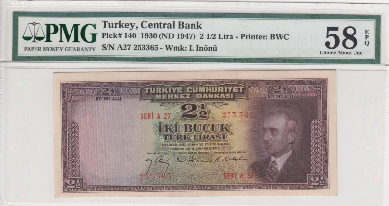 Turkey, 2 1/2 Lira, 1947, AUNC(+), p140, 3. Emission
PMG 58 EPQ
Serial Number:...