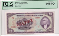 Turkey, 50 Lira, 1947, UNC, p142As, SPECIMEN
3. Emission
PCGS 66 PPQ
Serial Number: E1 00000
Estimate: 250-500