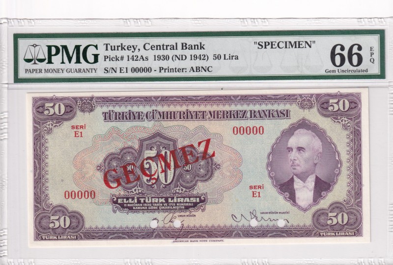 Turkey, 50 Lira, 1942, UNC, p142As, SPECIMEN
PMG 66 EPQ
It has the word "GEÇME...