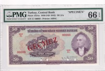 Turkey, 50 Lira, 1942, UNC, p142As, SPECIMEN
PMG 66 EPQ
It has the word "GEÇMEZ"
Serial Number: E1 00000
Estimate: 250-500