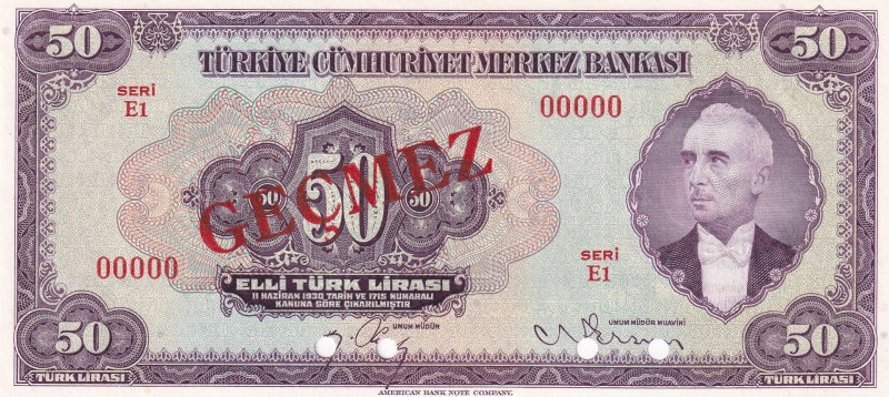 Turkey, 50 Lira, 1947, UNC, p142As, SPECIMEN
3. Emission
It has the word "GEÇM...