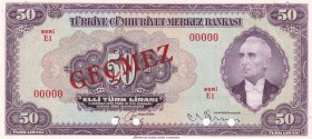 Turkey, 50 Lira, 1947, UNC, p142As, SPECIMEN
3. Emission
It has the word "GEÇMEZ"
Serial Number: E1 00000
Estimate: 200-400