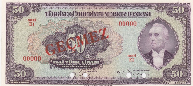 Turkey, 50 Lira, 1947, UNC, p143s, SPECIMEN
3. Emission
Ismet Inonu Portrait w...