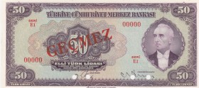 Turkey, 50 Lira, 1947, UNC, p143s, SPECIMEN
3. Emission
Ismet Inonu Portrait with Papon
Serial Number: E1 00000
Estimate: 250-500