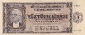 Turkey, 100 Lira, 1942, AUNC, p144, 3. Emission
Ismet Inonu Portrait with Papon
Pressed
Serial Number: A1 077796
Estimate: 500-1000
